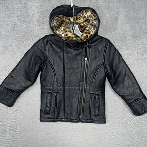 VTG Wilson Leather Kids Biker Jacket Youth XS Black Hooded Leopard Fur Lined Y2K